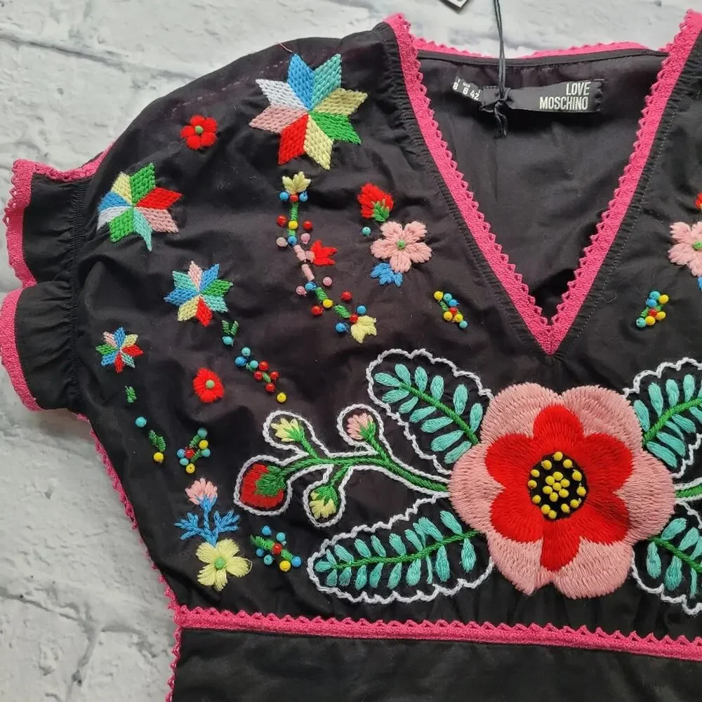 NWT Love Moschino Boho Embroidered Beaded Floral Black Dress Puff Sleeves size 6